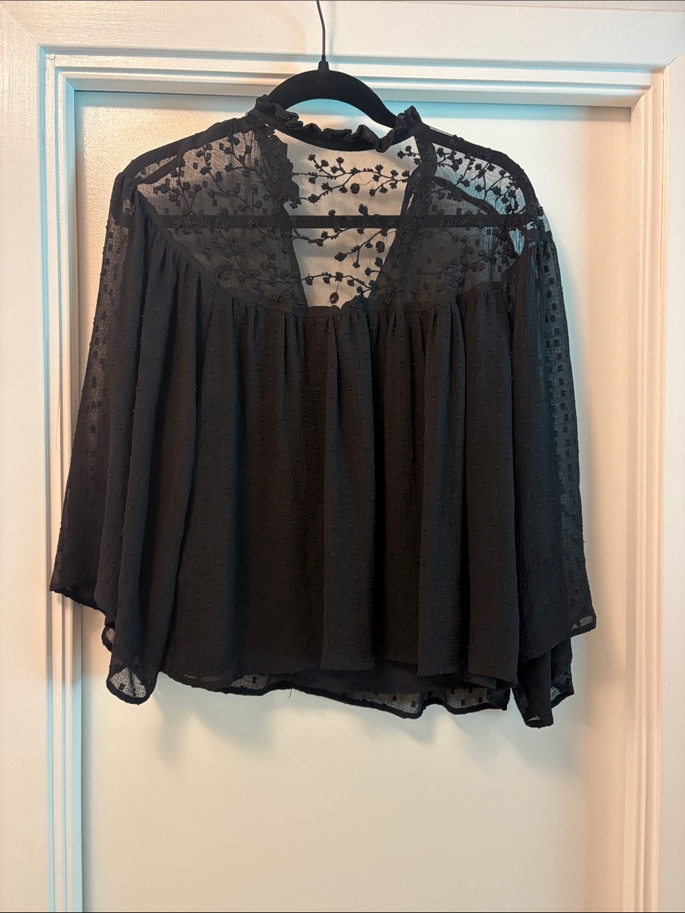 Zara Black Sheer Floral Lace High-Neck Blouse